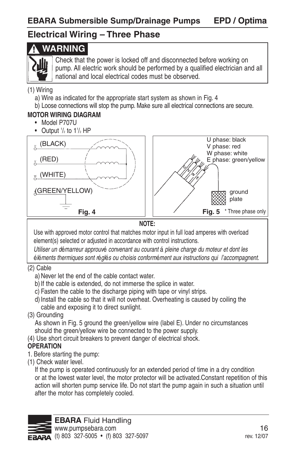 Electrical wiring – three phase, Warning, Epd / optima | Ebara submersible sump/drainage pumps | EBARA EPD, Optima User Manual | Page 14 / 33