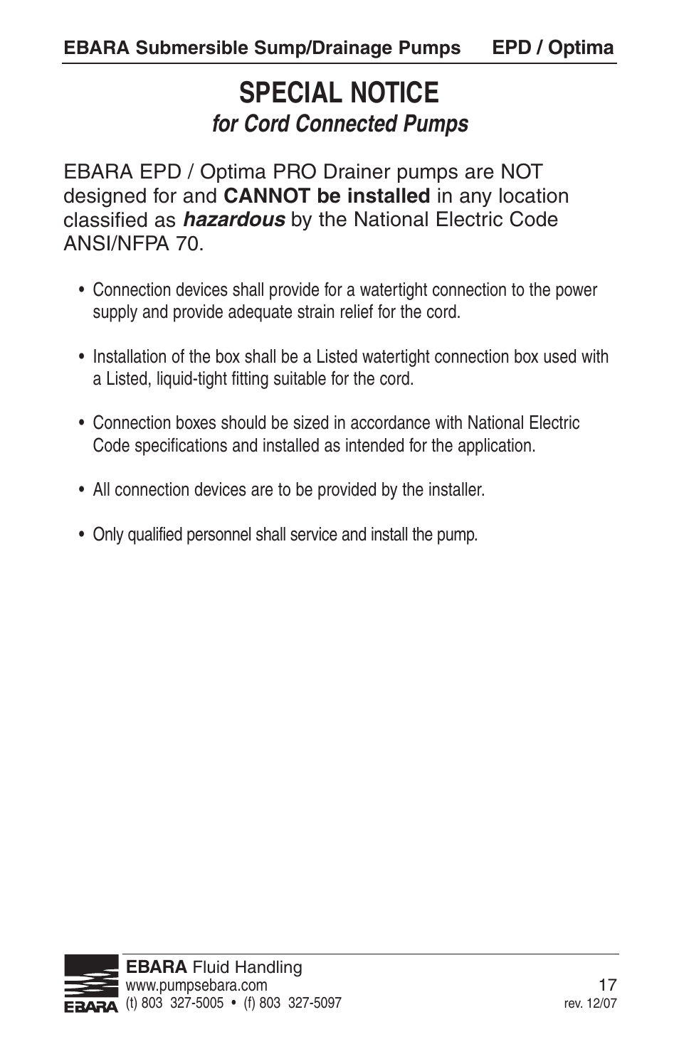 Special notice, For cord connected pumps | EBARA EPD, Optima User Manual | Page 15 / 33