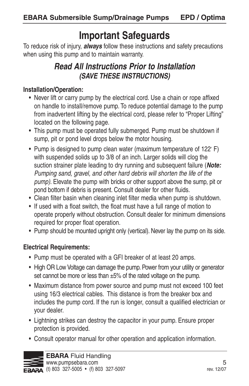 Important safeguards, Read all instructions prior to installation | EBARA EPD, Optima User Manual | Page 3 / 33