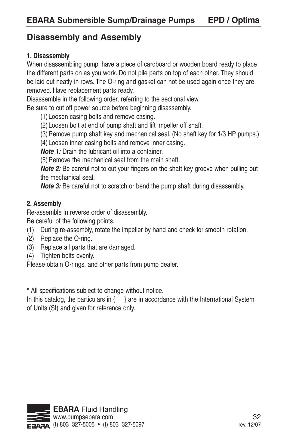 Disassembly and assembly | EBARA EPD, Optima User Manual | Page 30 / 33