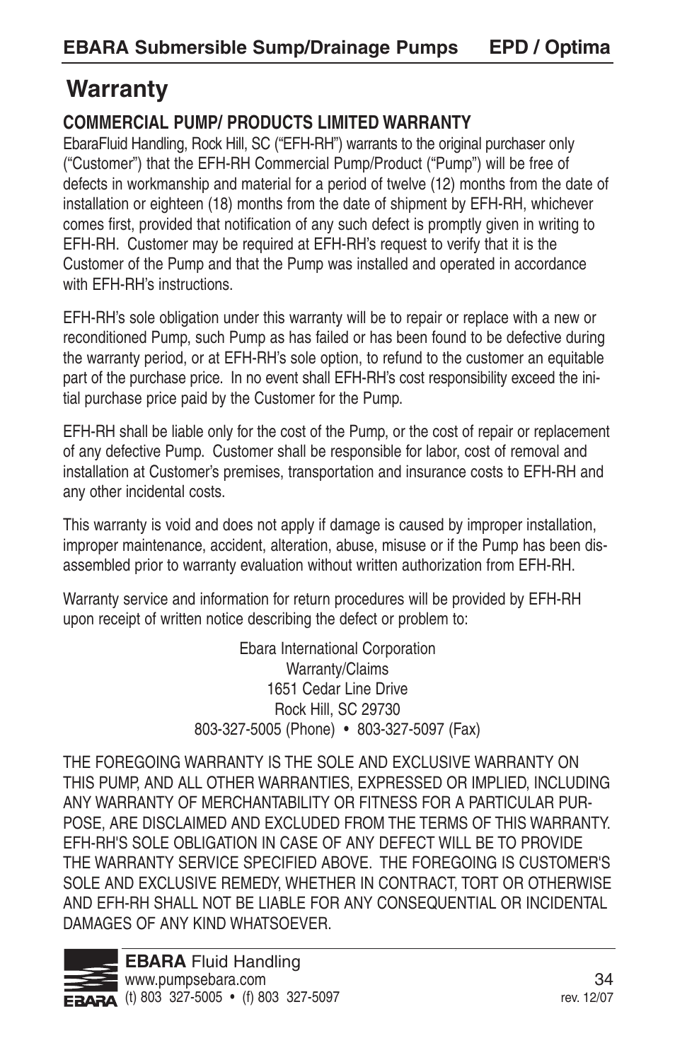 Warranty | EBARA EPD, Optima User Manual | Page 32 / 33