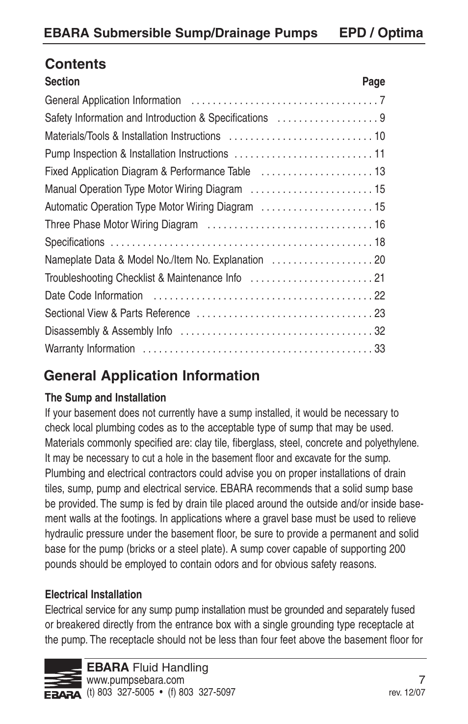 Contents general application information | EBARA EPD, Optima User Manual | Page 5 / 33