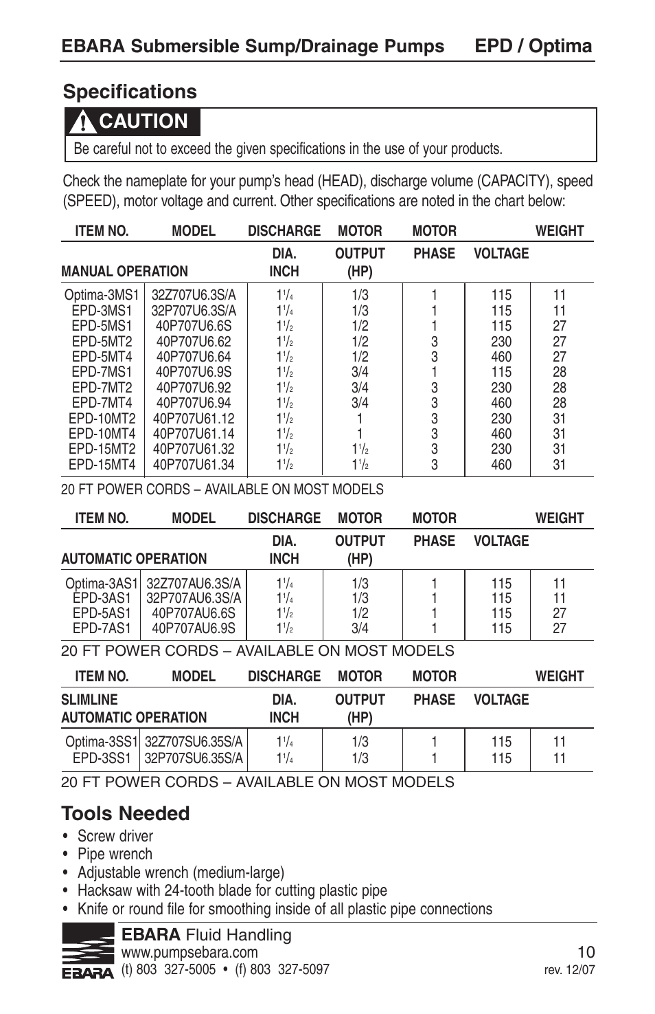 Specifications tools needed caution, Epd / optima, Ebara submersible sump/drainage pumps | Ebara | EBARA EPD, Optima User Manual | Page 8 / 33