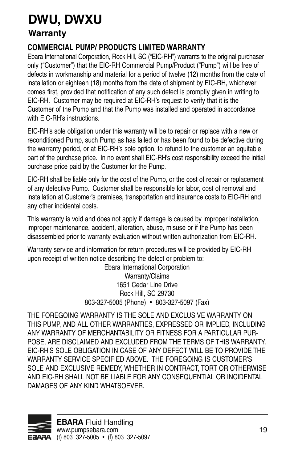 Dwu, dwxu | EBARA Dominator User Manual | Page 19 / 20