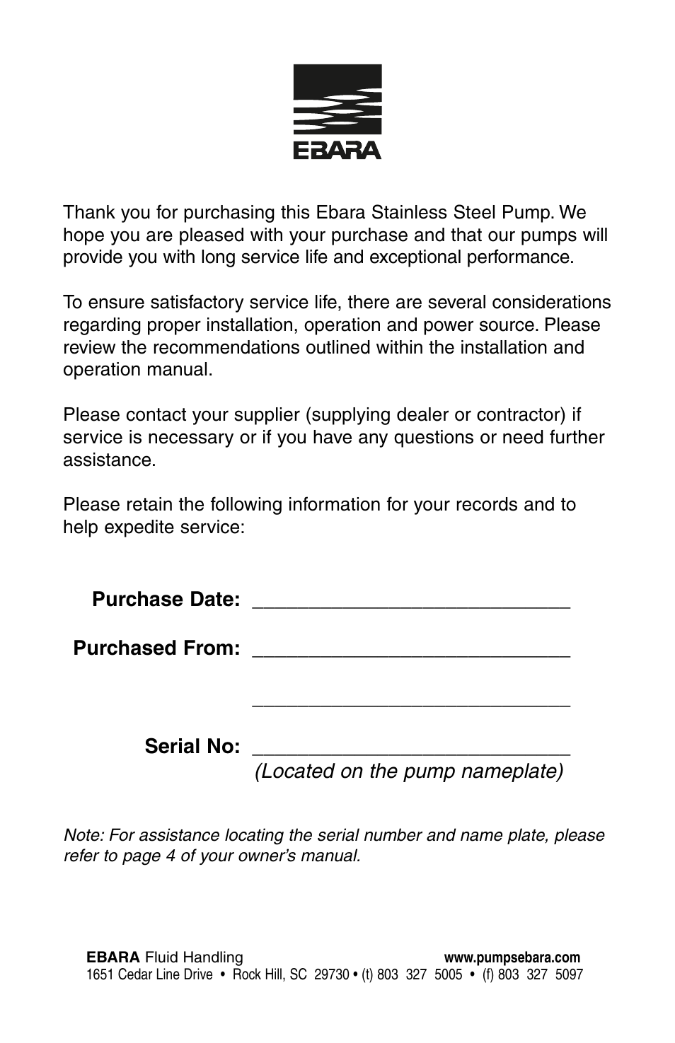Located on the pump nameplate) | EBARA Dominator User Manual | Page 2 / 20