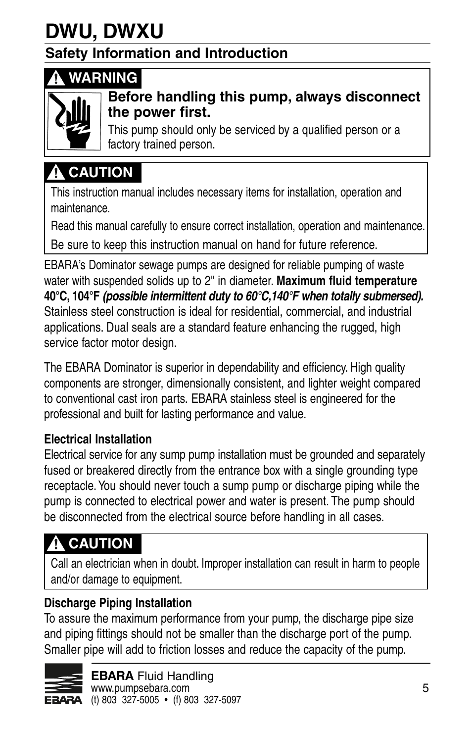 Dwu, dwxu | EBARA Dominator User Manual | Page 5 / 20