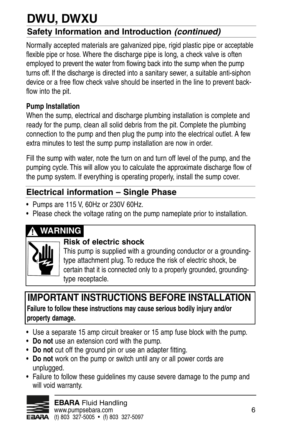 Dwu, dwxu, Important instructions before installation | EBARA Dominator User Manual | Page 6 / 20