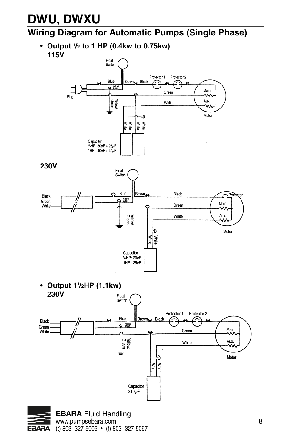 Dwu, dwxu, Wiring diagram for automatic pumps (single phase) | EBARA Dominator User Manual | Page 8 / 20