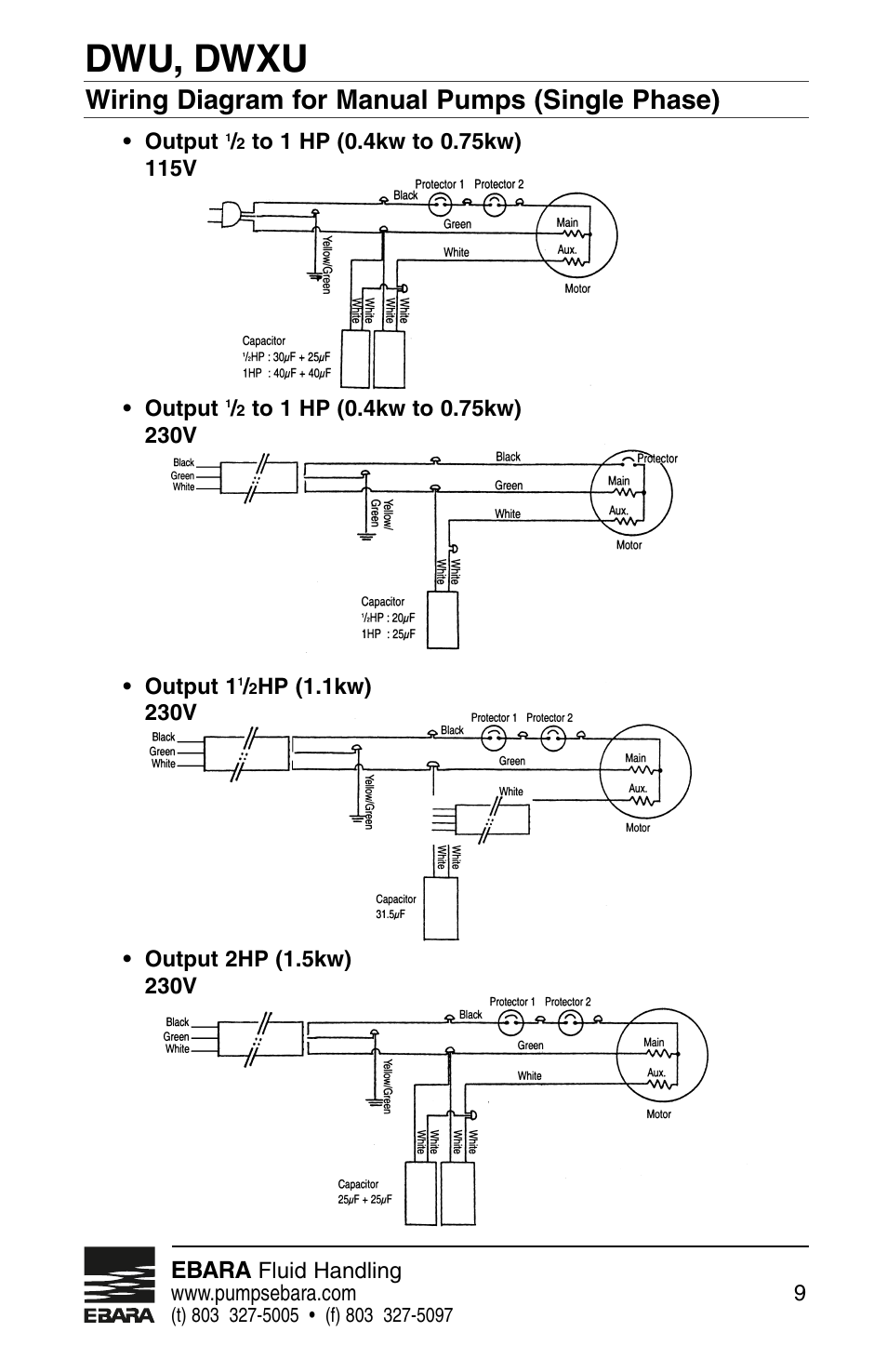 Dwu, dwxu, Wiring diagram for manual pumps (single phase) | EBARA Dominator User Manual | Page 9 / 20