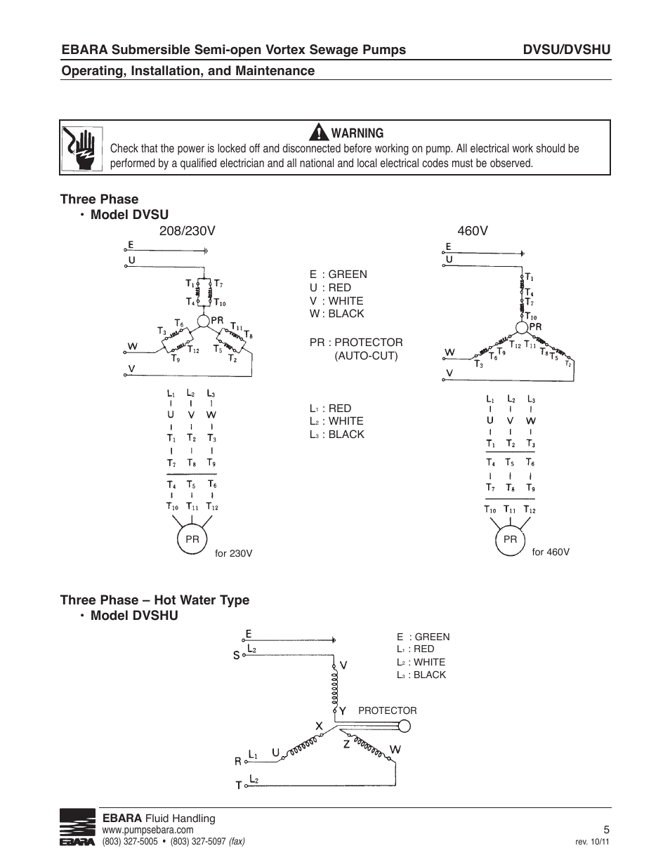 Dvsu/dvshu, Ebara submersible semi-open vortex sewage pumps, Operating, installation, and maintenance | Warning, Three phase • model dvsu, Three phase – hot water type • model dvshu | EBARA CVSU, CVSHU User Manual | Page 5 / 12