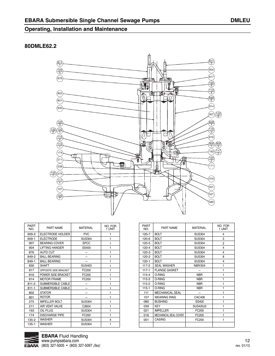 Dmleu, Ebara submersible single channel sewage pumps, Operating, installation and maintenance | Ebara | EBARA DMLEU User Manual | Page 12 / 17