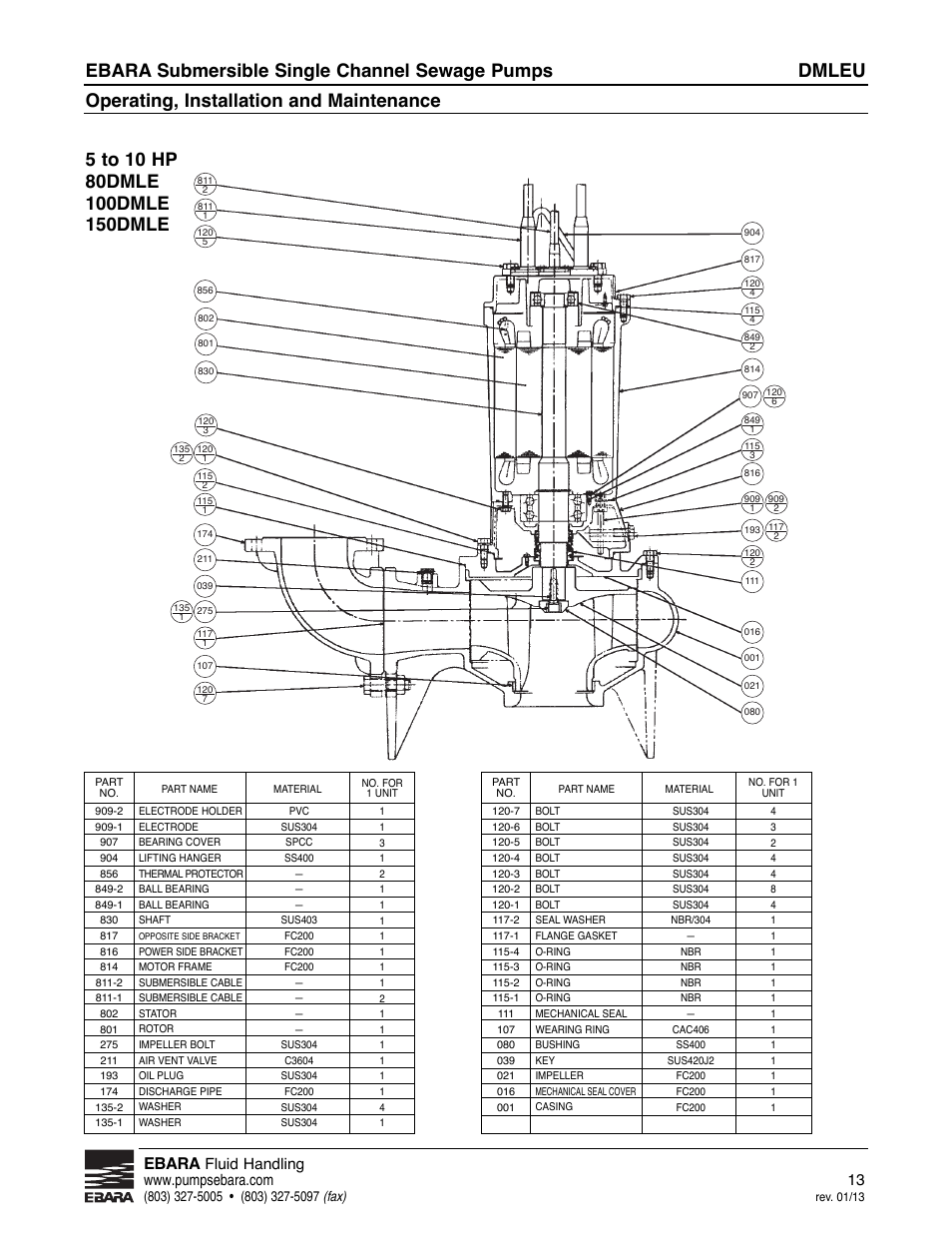 Dmleu, Ebara submersible single channel sewage pumps, Operating, installation and maintenance | Ebara | EBARA DMLEU User Manual | Page 13 / 17