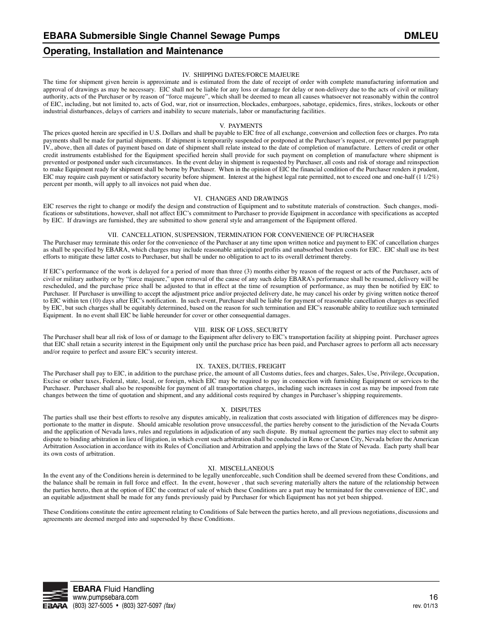 Dmleu, Ebara submersible single channel sewage pumps, Operating, installation and maintenance | EBARA DMLEU User Manual | Page 16 / 17
