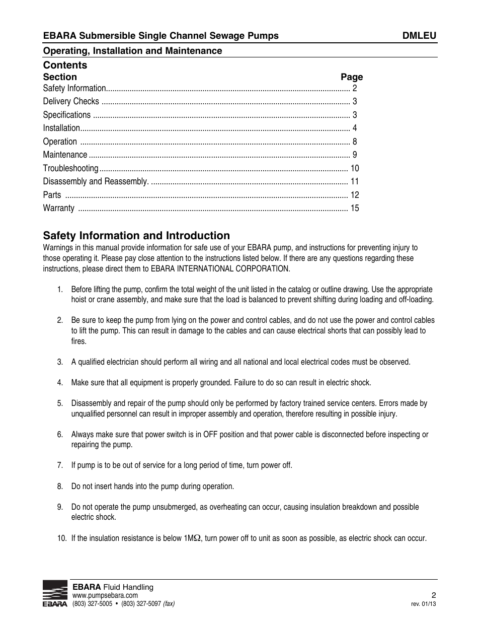 Safety information and introduction | EBARA DMLEU User Manual | Page 2 / 17