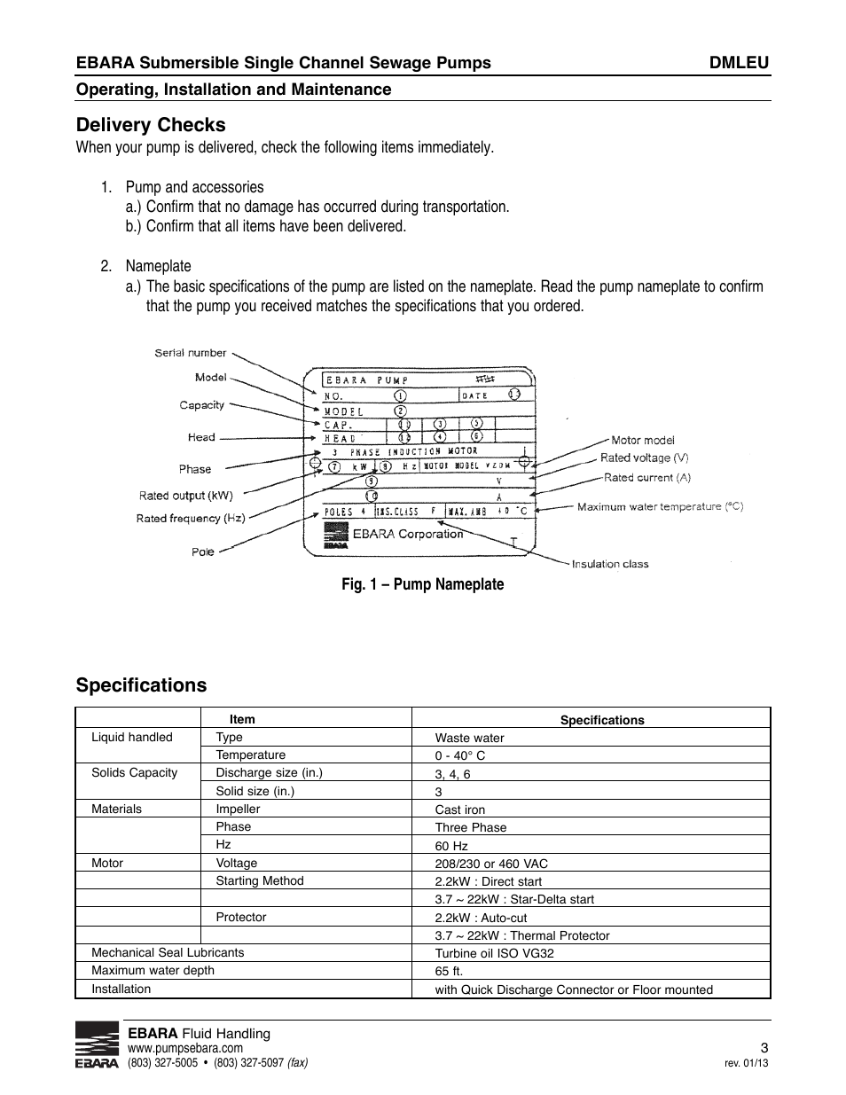 Delivery checks, Specifications | EBARA DMLEU User Manual | Page 3 / 17
