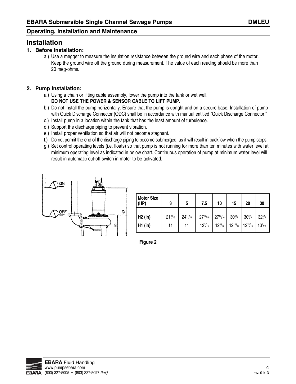 Installation, Dmleu, Ebara submersible single channel sewage pumps | Operating, installation and maintenance | EBARA DMLEU User Manual | Page 4 / 17