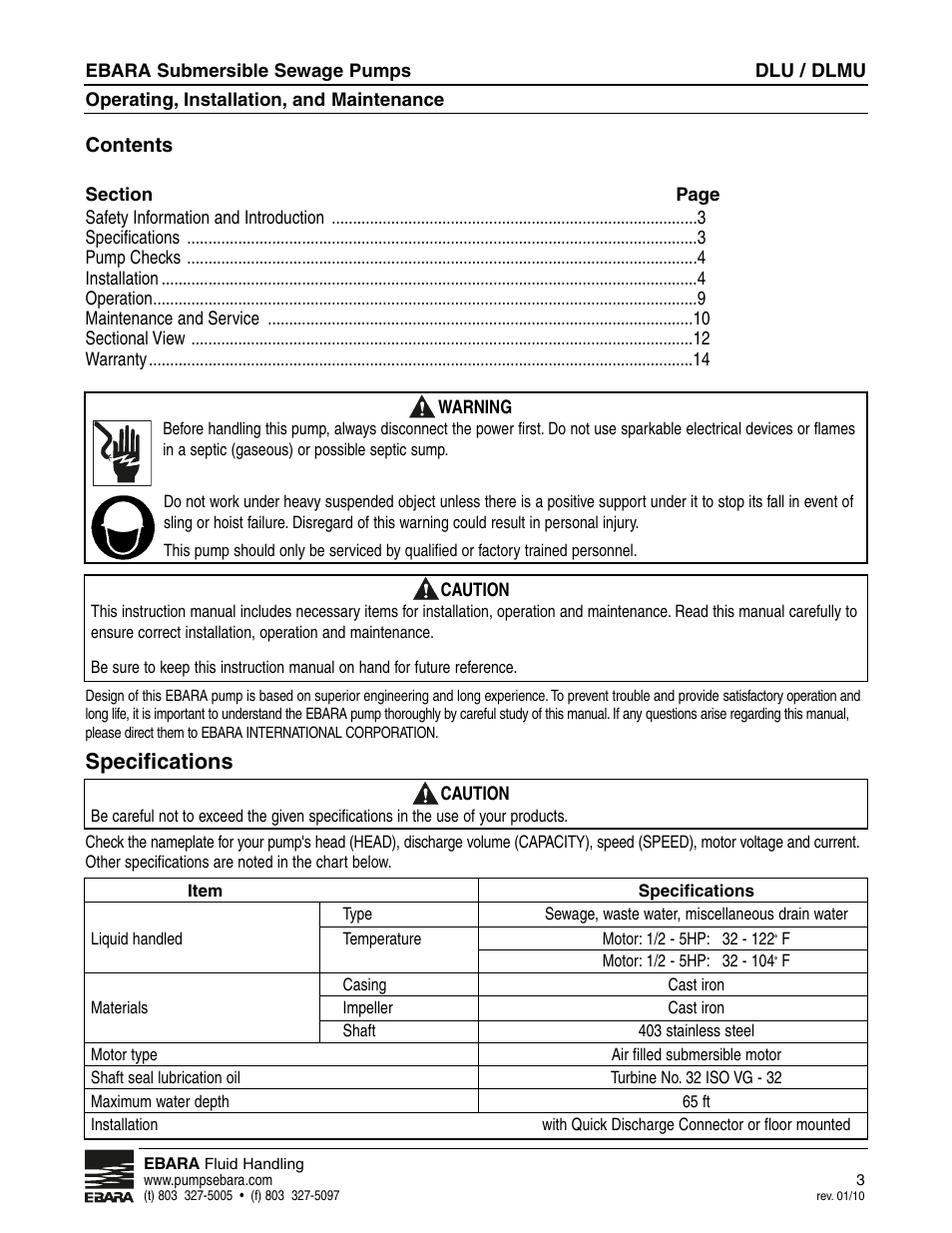 Specifications | EBARA CLU User Manual | Page 3 / 16