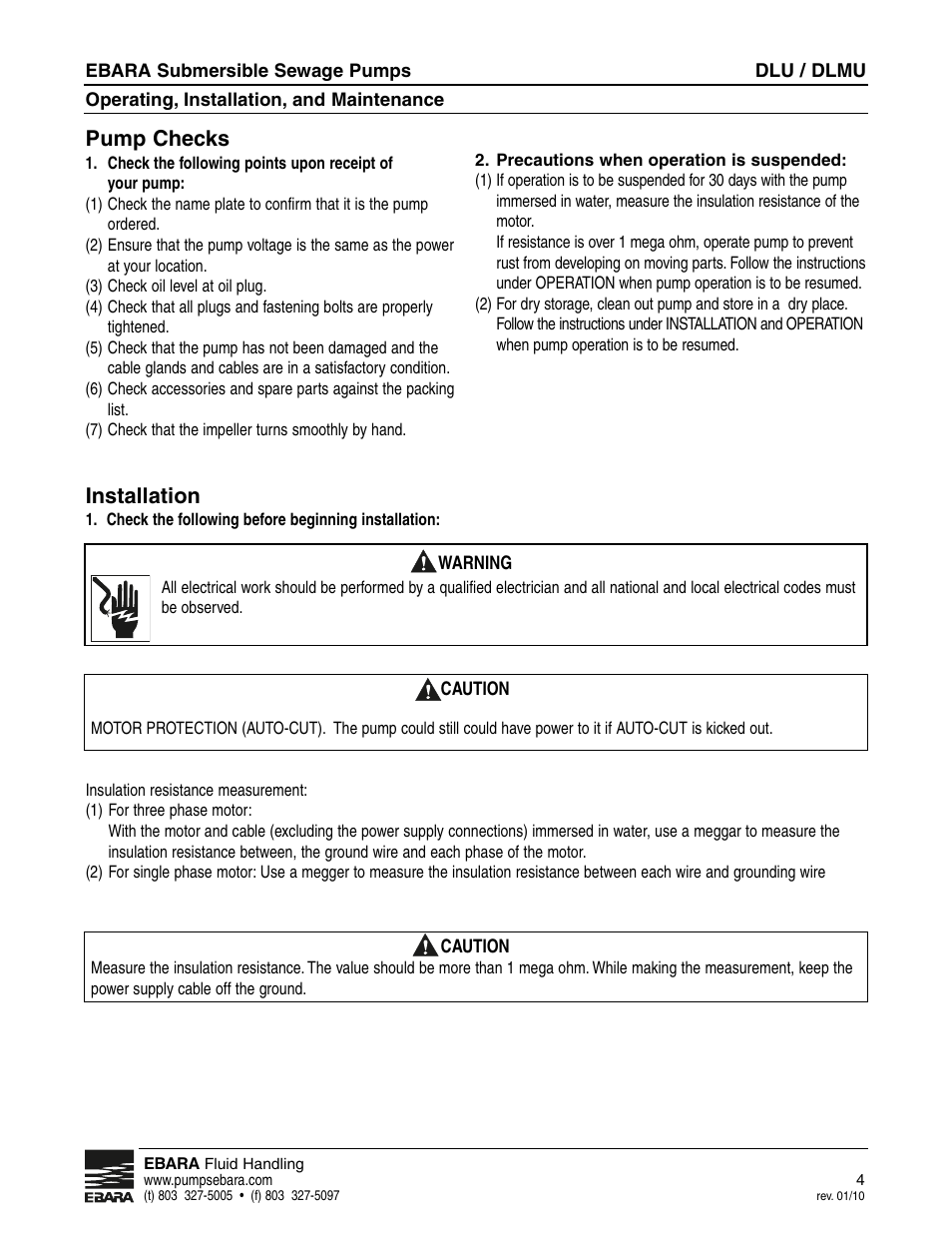 Installation, Pump checks | EBARA CLU User Manual | Page 4 / 16