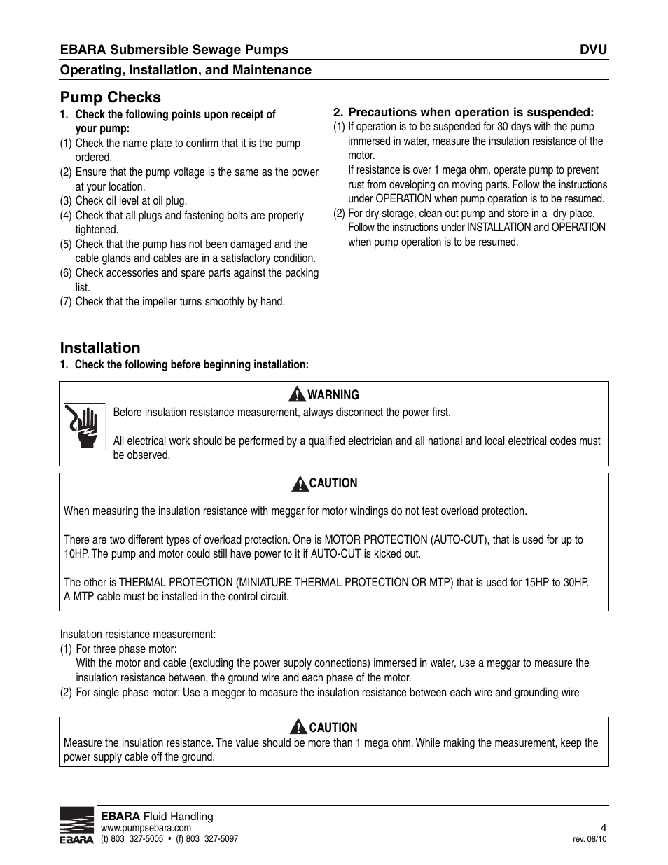 Installation, Pump checks | EBARA CVU User Manual | Page 4 / 16