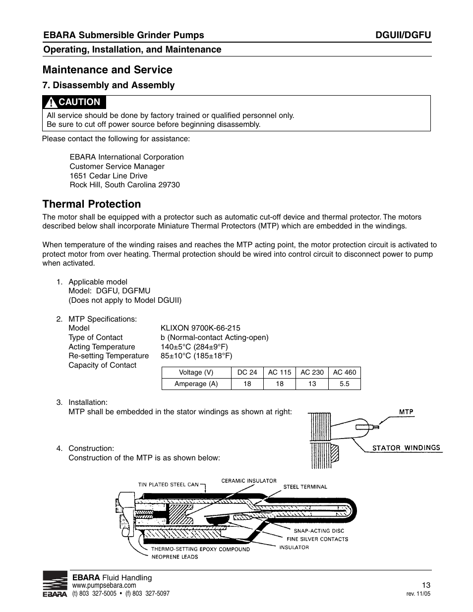 Thermal protection, Maintenance and service, Dguii/dgfu | EBARA CGUII, CGFU User Manual | Page 13 / 16