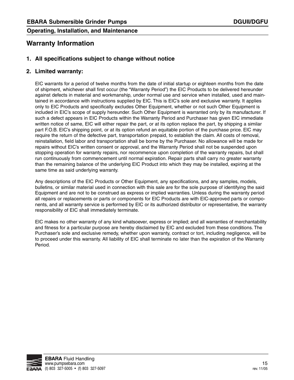 Warranty information | EBARA CGUII, CGFU User Manual | Page 15 / 16