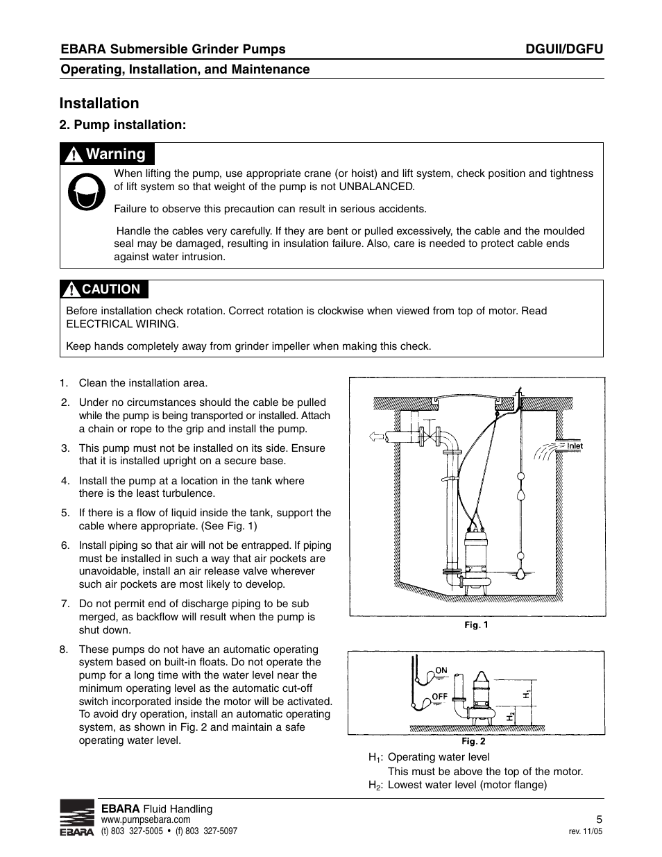 Installation, Warning | EBARA CGUII, CGFU User Manual | Page 5 / 16