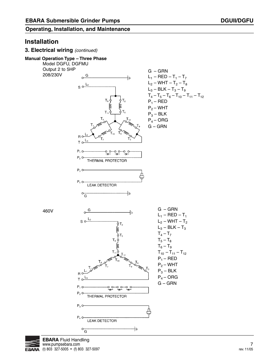 Installation, Dguii/dgfu, Ebara submersible grinder pumps | Operating, installation, and maintenance, Electrical wiring | EBARA CGUII, CGFU User Manual | Page 7 / 16