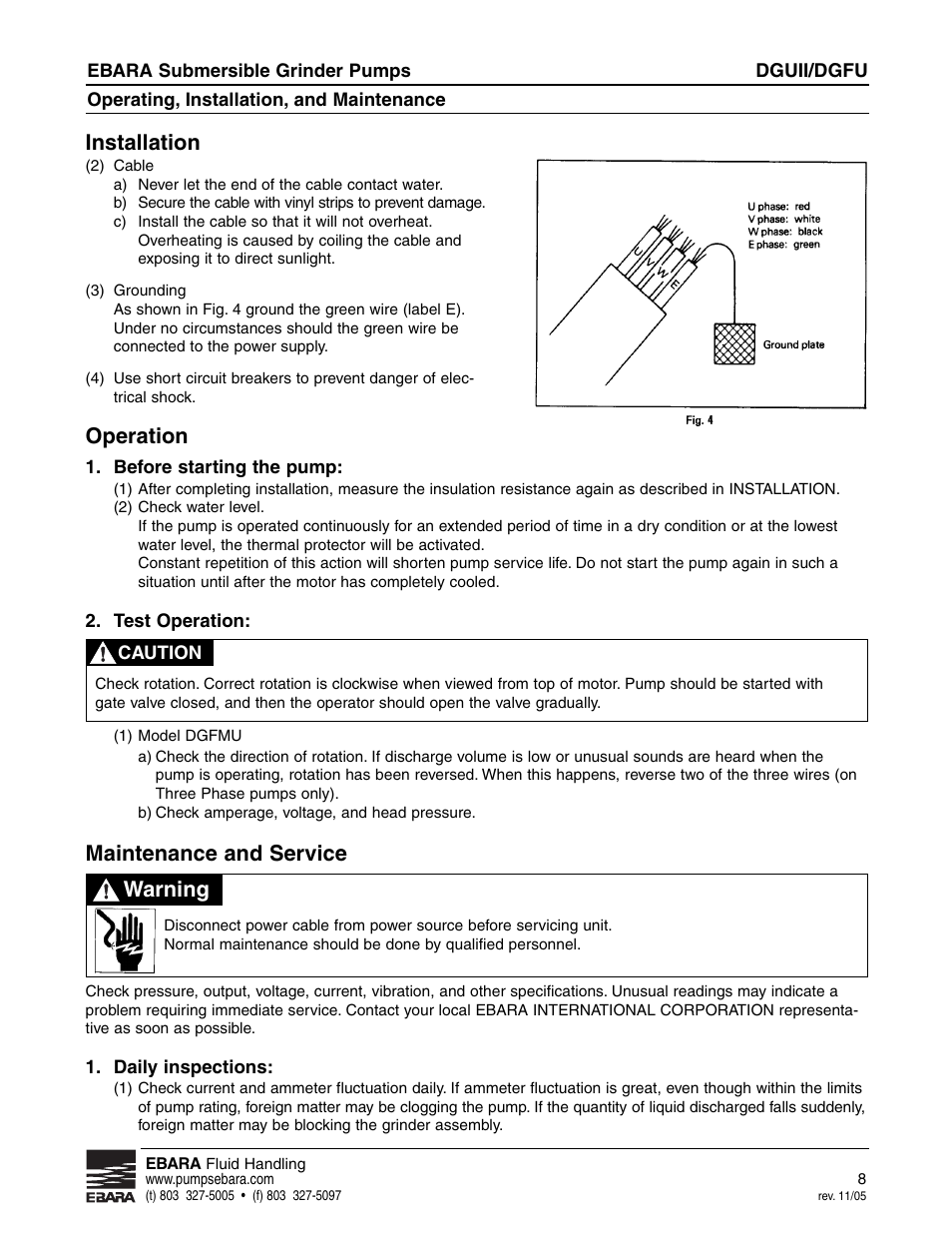 Installation, Operation, Maintenance and service | Warning | EBARA CGUII, CGFU User Manual | Page 8 / 16