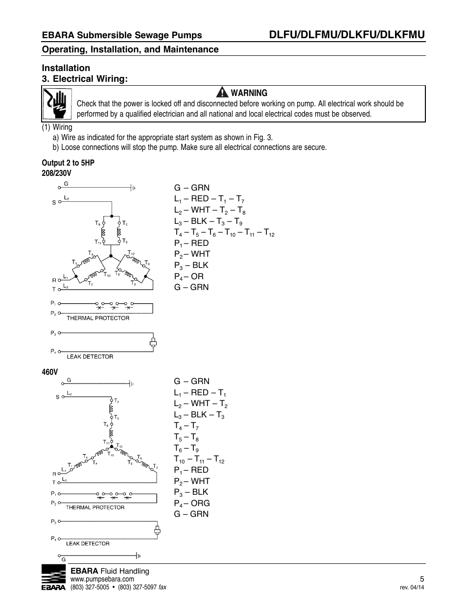 Dlfu/dlfmu/dlkfu/dlkfmu, Ebara submersible sewage pumps, Operating, installation, and maintenance | Installation 3. electrical wiring, Warning | EBARA DLKFMU User Manual | Page 5 / 20