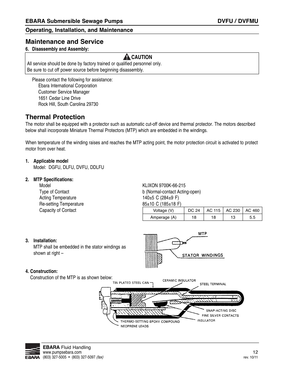 Maintenance and service, Thermal protection | EBARA CVFU User Manual | Page 12 / 16