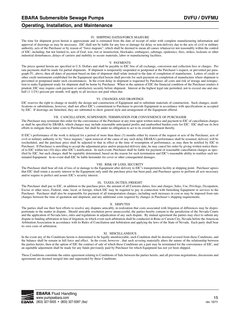 Dvfu / dvfmu, Ebara submersible sewage pumps, Operating, installation, and maintenance | EBARA CVFU User Manual | Page 15 / 16