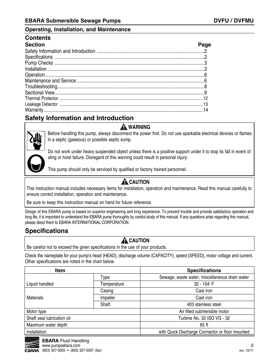 Safety information and introduction, Specifications | EBARA CVFU User Manual | Page 2 / 16