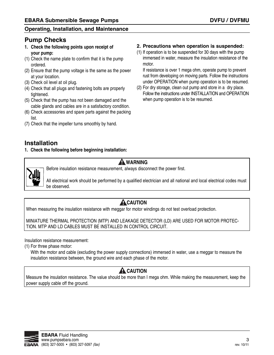 Pump checks, Installation | EBARA CVFU User Manual | Page 3 / 16