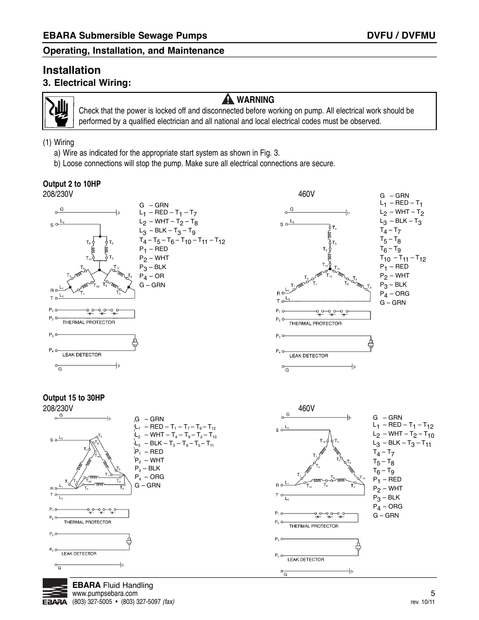Installation, Dvfu / dvfmu, Ebara submersible sewage pumps | Operating, installation, and maintenance, Electrical wiring, Warning, Ebara | EBARA CVFU User Manual | Page 5 / 16