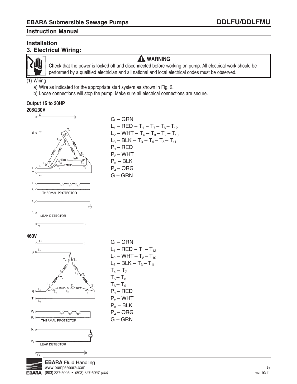 Ddlfu/ddlfmu, Ebara submersible sewage pumps, Instruction manual | Installation 3. electrical wiring, Warning | EBARA DDLFMU User Manual | Page 5 / 17