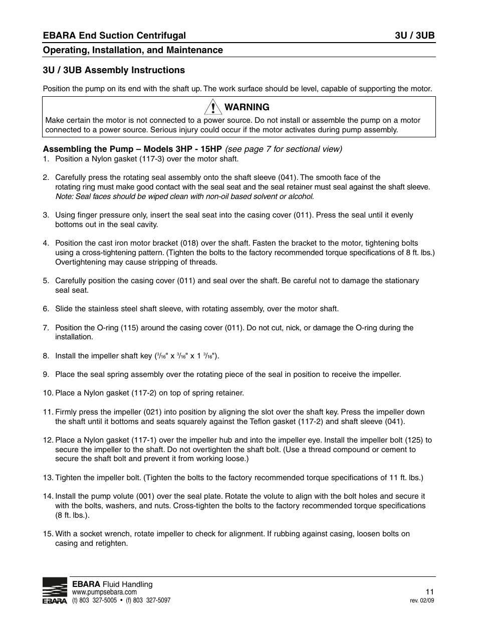 3u / 3ub, Ebara end suction centrifugal, Operating, installation, and maintenance | 3u / 3ub assembly instructions warning | EBARA 3U, 3UB User Manual | Page 11 / 16