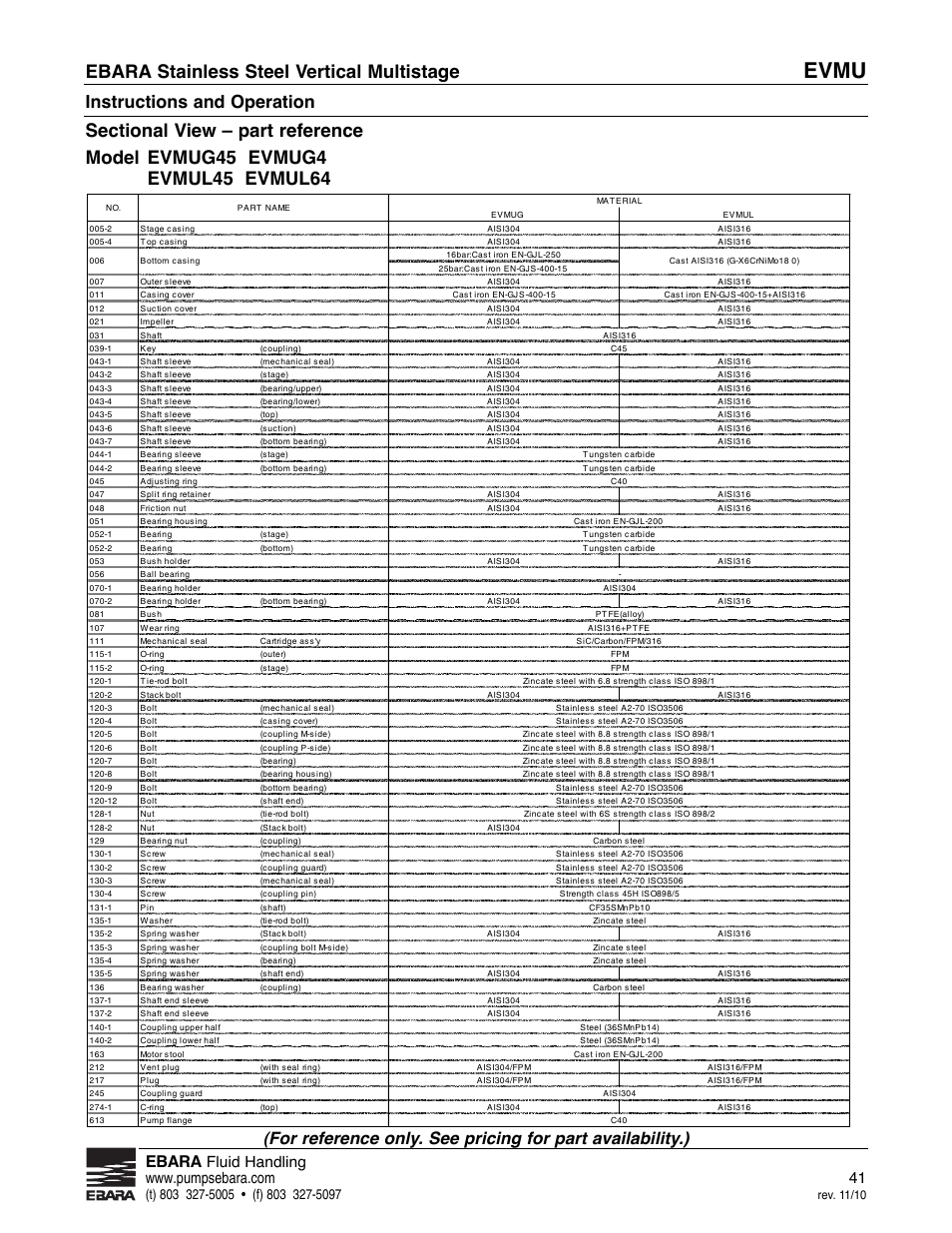 Evmu, Ebara stainless steel vertical multistage, Instructions and operation | Ebara, Rev. 11/10 | EBARA EVMU User Manual | Page 41 / 44