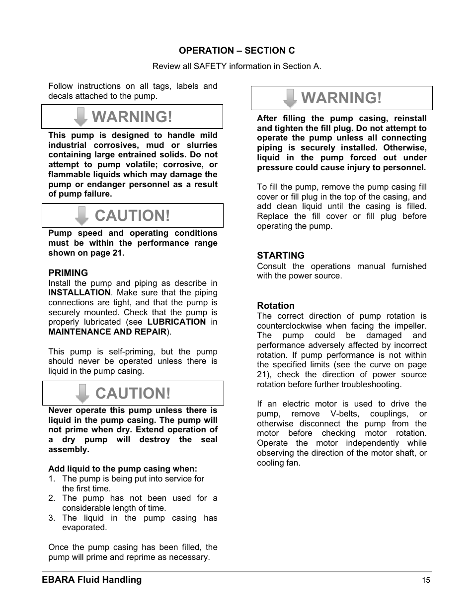 Warning, Caution | EBARA EFQT3 User Manual | Page 15 / 36