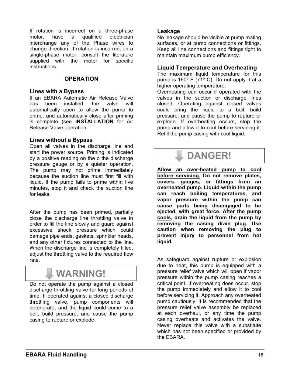 Warning, Danger | EBARA EFQT3 User Manual | Page 16 / 36