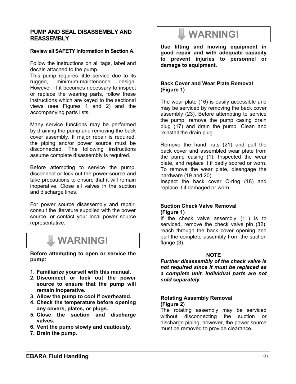 Warning | EBARA EFQT3 User Manual | Page 27 / 36