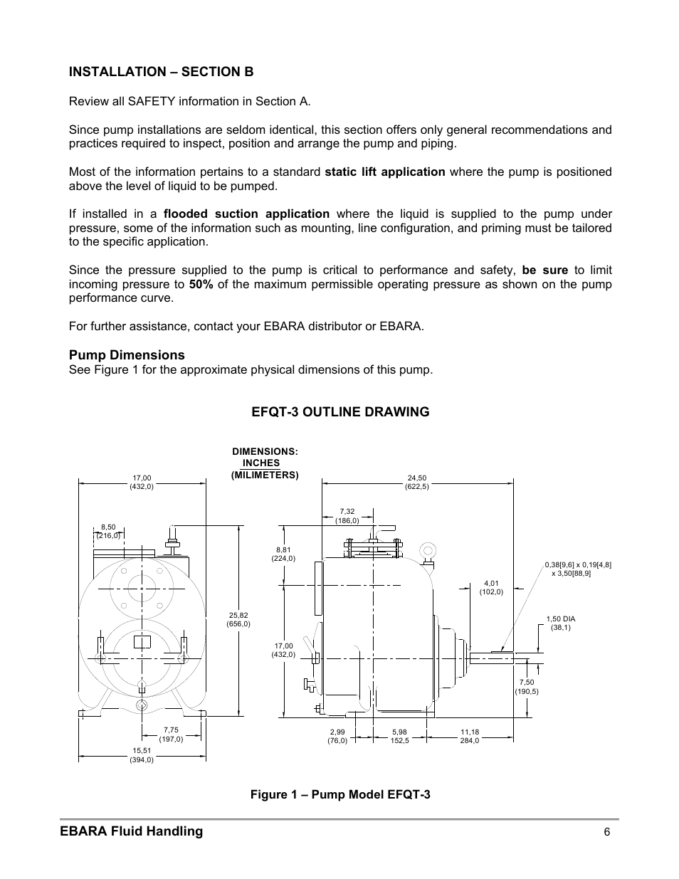 Ebara fluid handling, Pump dimensions, Efqt-3 outline drawing | Figure 1 – pump model efqt-3 | EBARA EFQT3 User Manual | Page 6 / 36