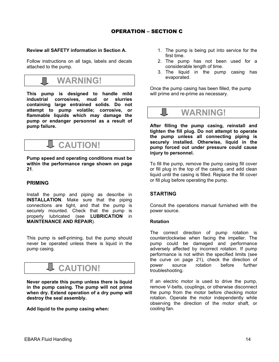 Warning, Caution | EBARA EFQT4 User Manual | Page 15 / 36