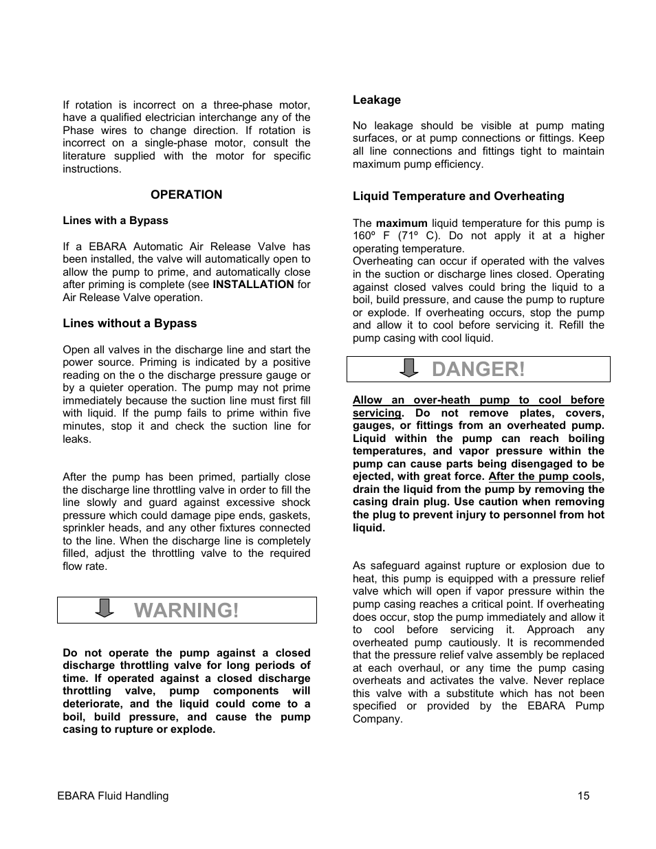 Warning, Danger | EBARA EFQT4 User Manual | Page 16 / 36