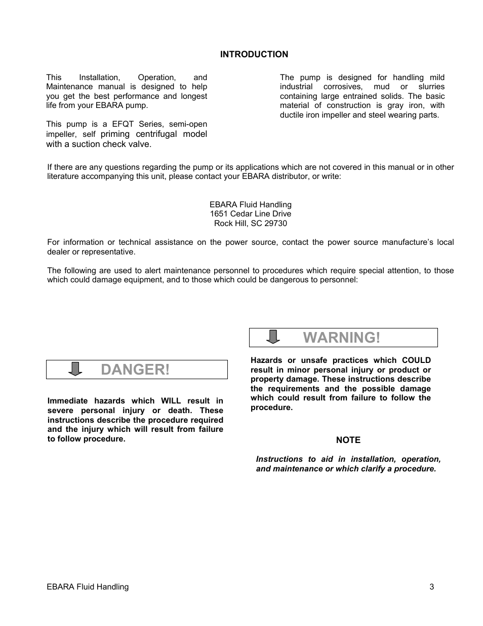 Danger, Warning | EBARA EFQT4 User Manual | Page 4 / 36