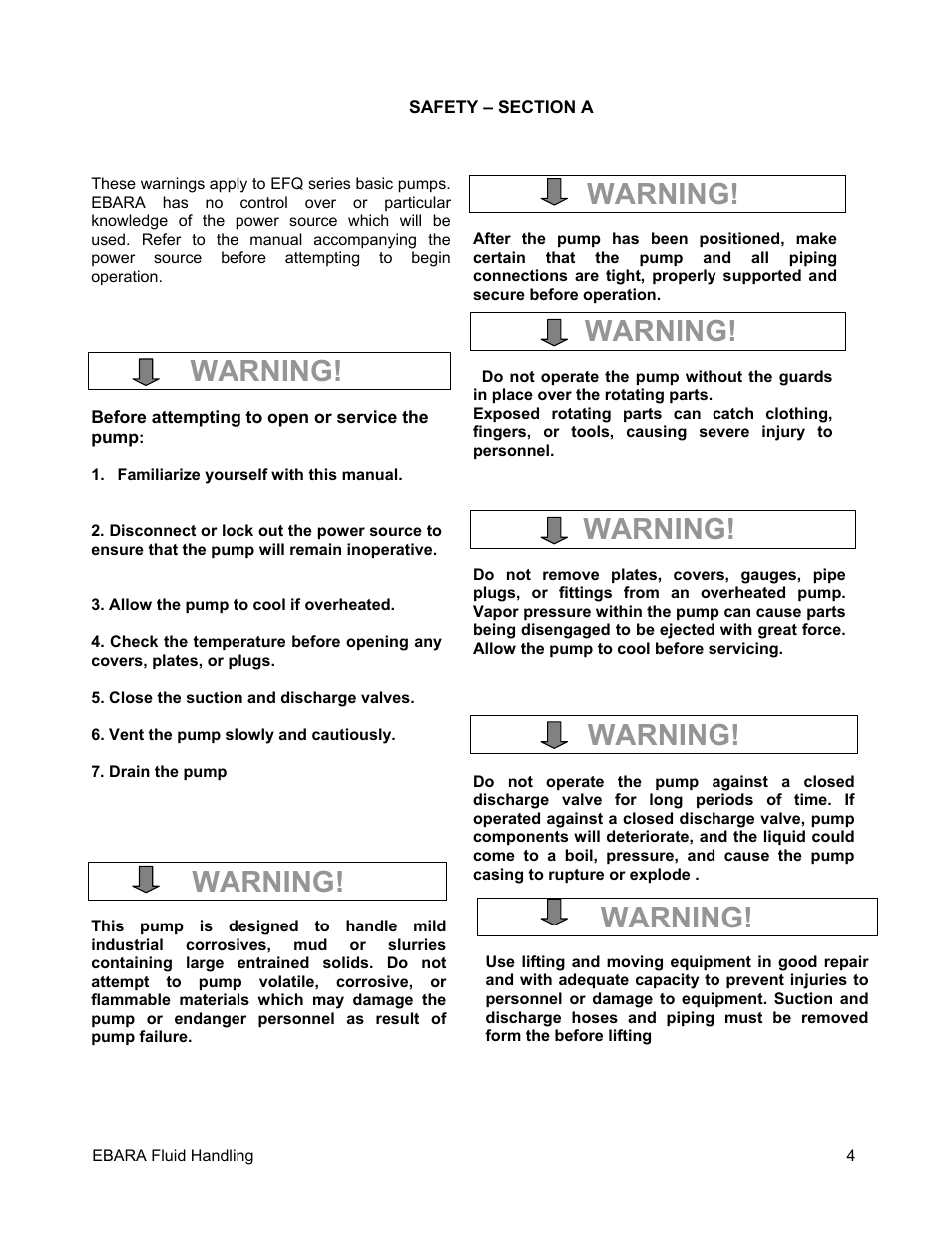 Warning | EBARA EFQT4 User Manual | Page 5 / 36