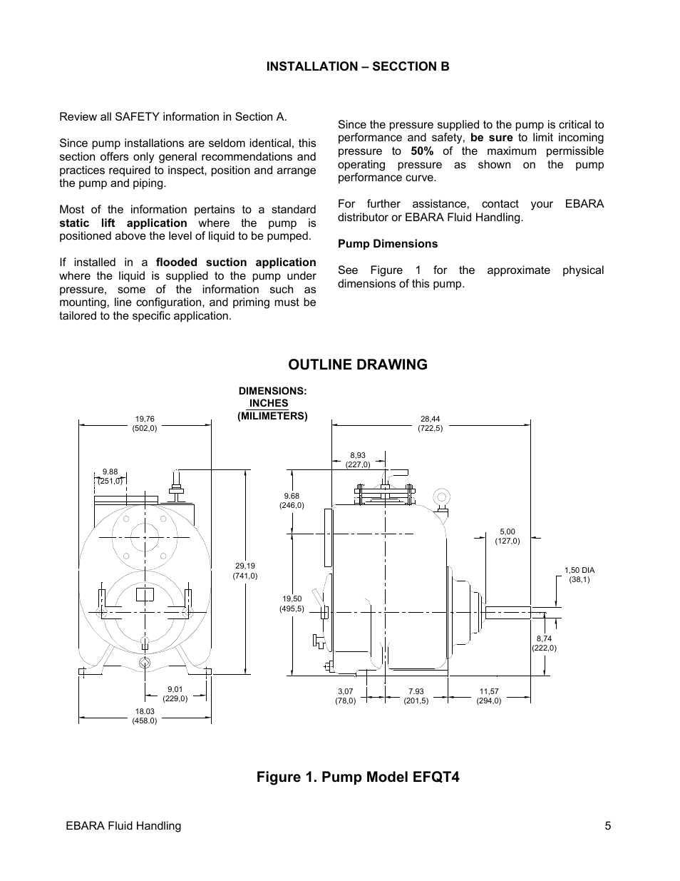 Outline drawing figure 1. pump model efqt4, Installation – secction b | EBARA EFQT4 User Manual | Page 6 / 36