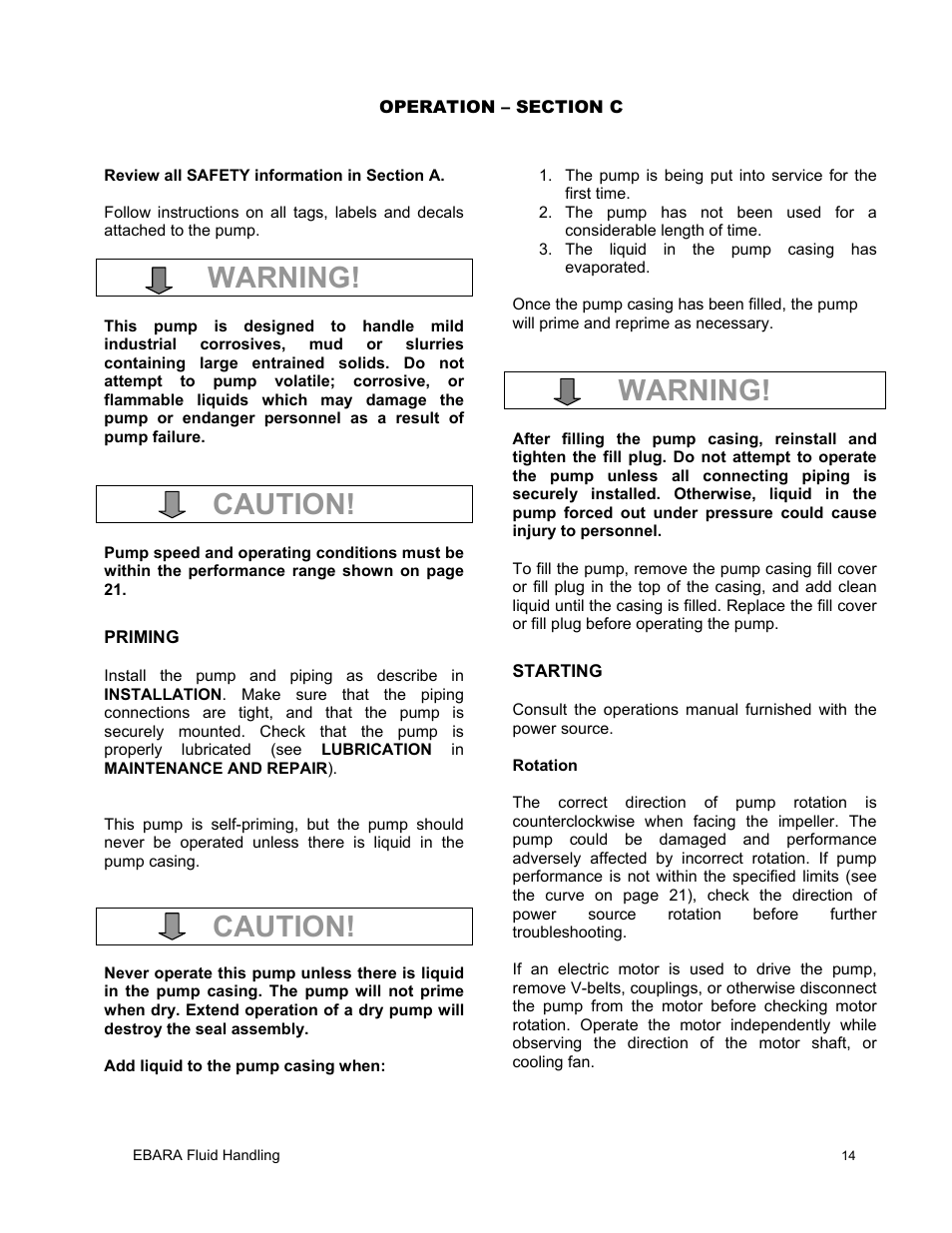 Warning, Caution | EBARA EFQT6 User Manual | Page 15 / 37