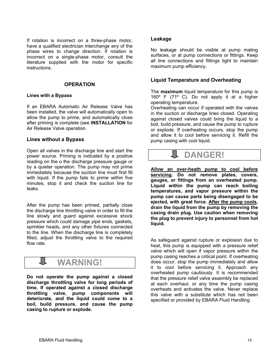 Warning, Danger | EBARA EFQT6 User Manual | Page 16 / 37