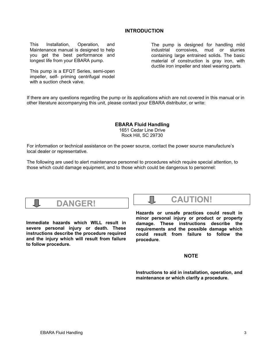 Danger, Caution | EBARA EFQT6 User Manual | Page 4 / 37