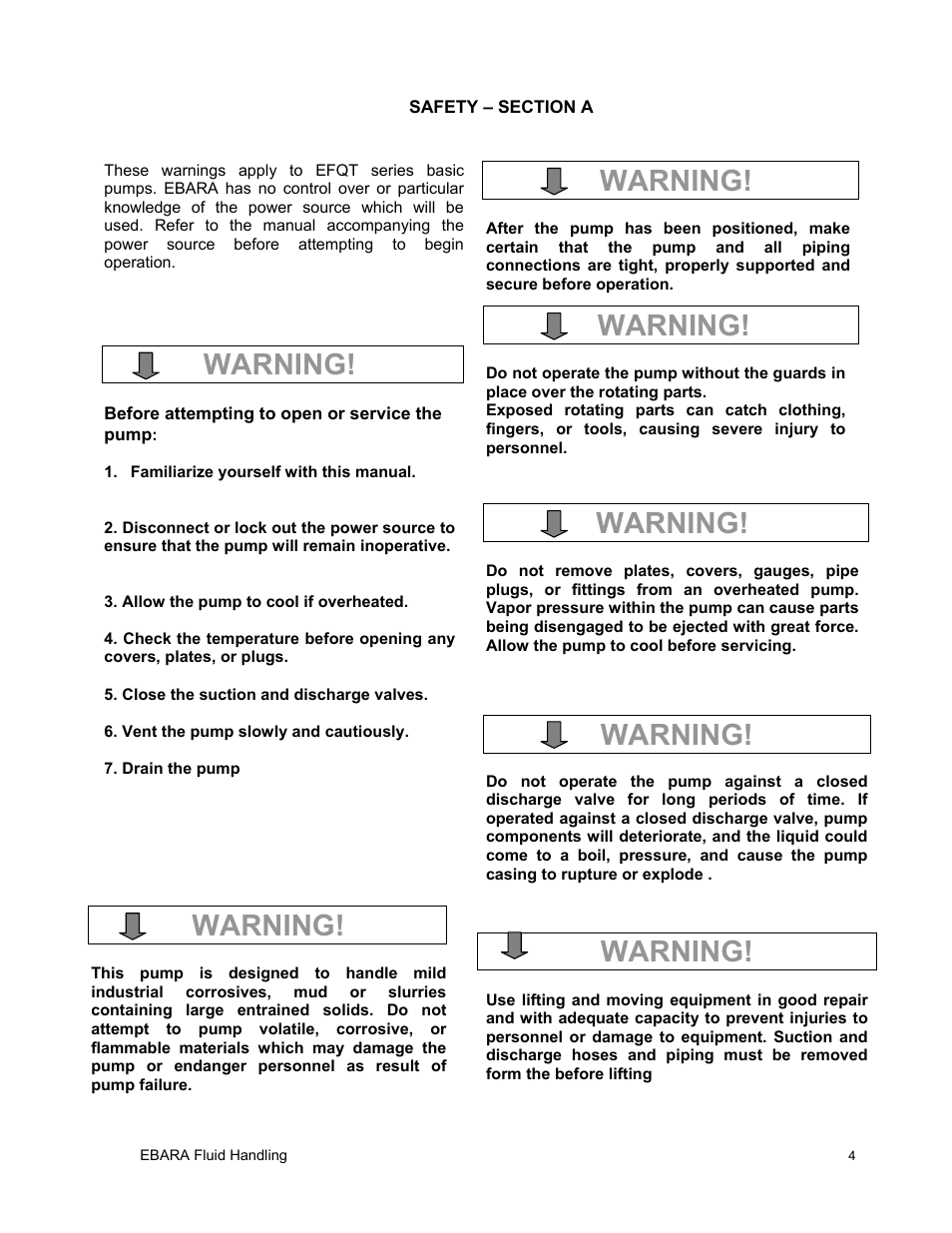 Warning | EBARA EFQT6 User Manual | Page 5 / 37